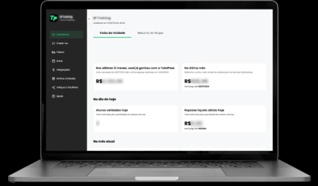 Portal de Academias. A imagem tem uma página com dados financeiros do Portal de Academias da TotalPass.